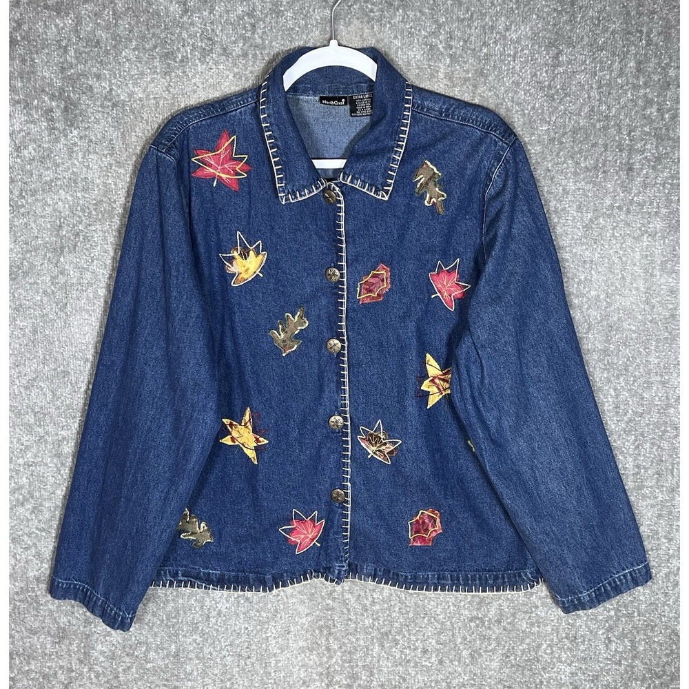 NorthCrest Denim Shirt Shacket Womens Sz XL Blue Embroidered Leaves Fall Autumn